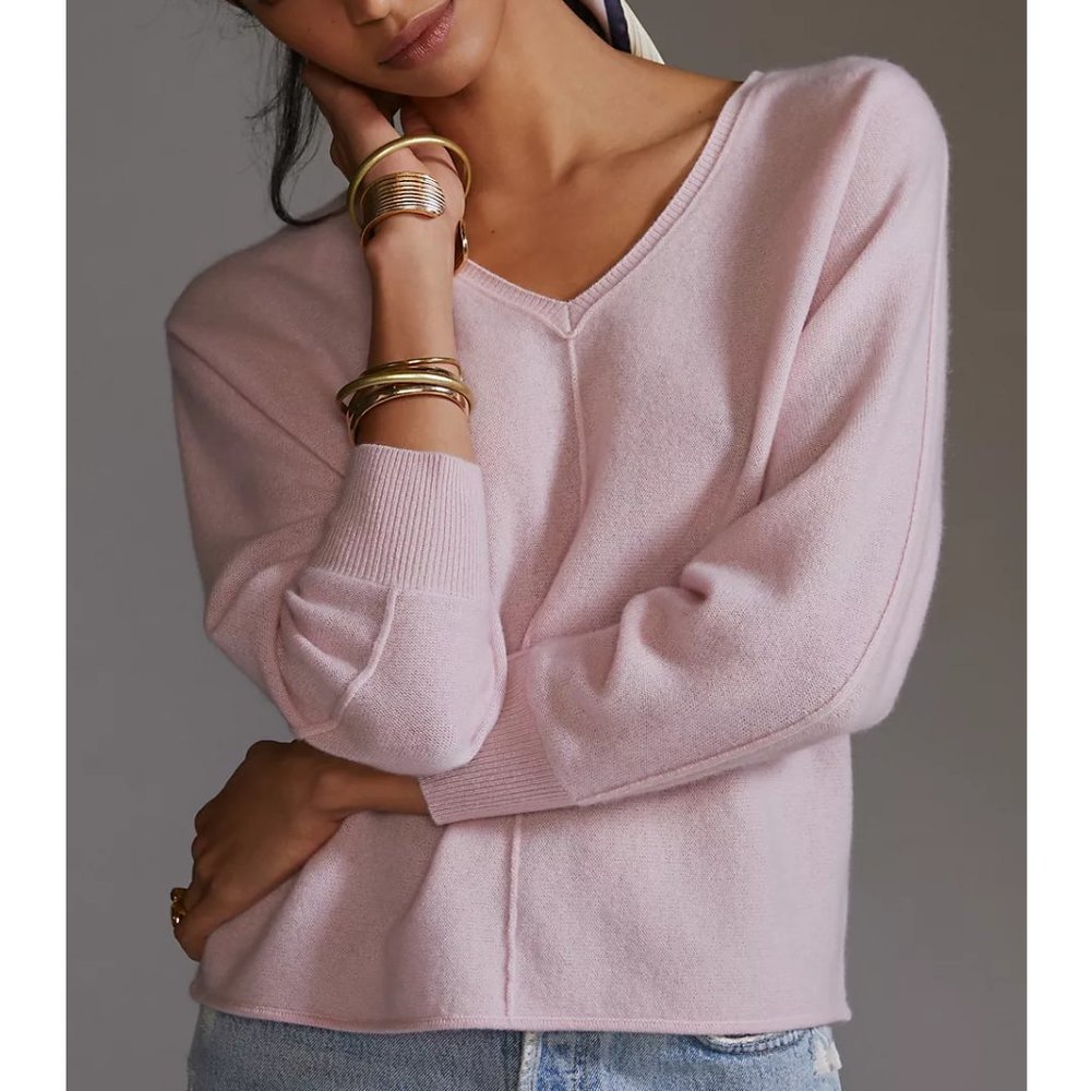 Anthropologie Pilcro V-Neck Open-Back 100% Cashmere Sweater Pink - Small